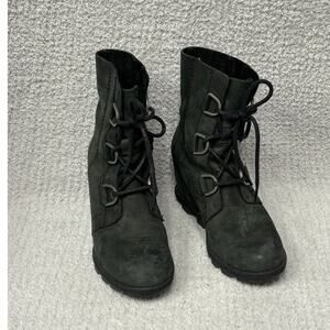 Sorel Women's Black Leather Wedge Heel Boots Size 6 #65675